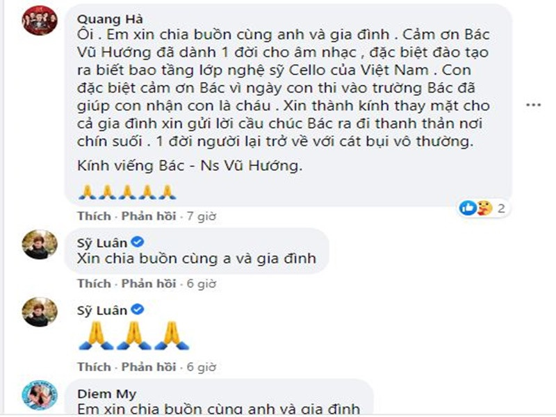 Hay tin bố đẻ MC Anh Tuấn qua đời, nhiều nghệ sĩ gửi lời chia buồn. Ảnh chụp màn hình