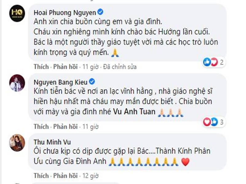 Nhạc sĩ Hoài Phương, ca sĩ Bằng Kiều, ca sĩ Thu Minh gửi lời chia buồn đến gia đình Giáo sư Vũ Hướng. Ảnh chụp màn hình