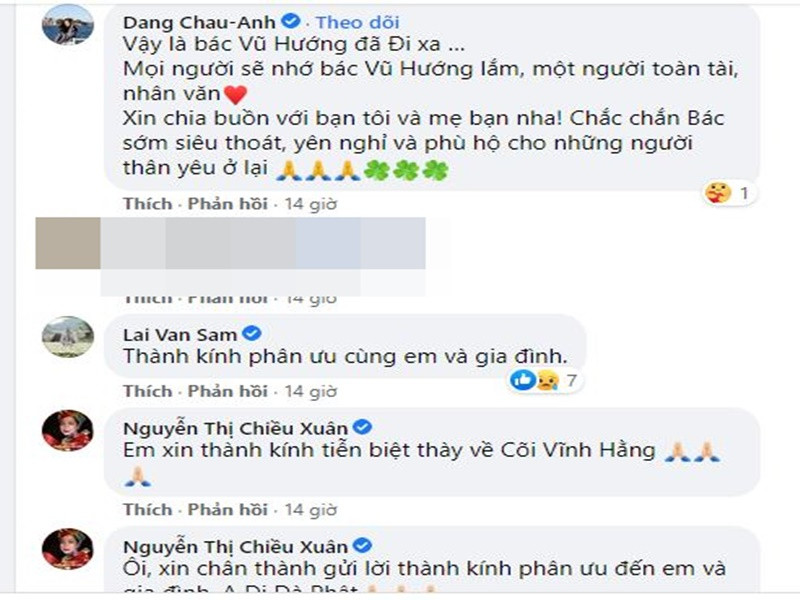 Nghệ sĩ Đặng Châu Anh tiếc thương trước sự ra đi của Giáo sư Vũ Hướng: "Vậy là bác Vũ Hướng đã đi xa. Mọi người sẽ nhớ bác Vũ Hướng lắm, một người toàn tài, nhân văn. Xin chia buồn với bạn tôi và mẹ bạn nha! Chắc chắn bác sớm siêu thoát, yên nghỉ và phù hộ cho những người thân yêu ở lại". Ảnh chụp màn hình