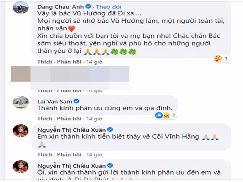 Nghệ sĩ Đặng Châu Anh tiếc thương trước sự ra đi của Giáo sư Vũ Hướng: "Vậy là bác Vũ Hướng đã đi xa. Mọi người sẽ nhớ bác Vũ Hướng lắm, một người toàn tài, nhân văn. Xin chia buồn với bạn tôi và mẹ bạn nha! Chắc chắn bác sớm siêu thoát, yên nghỉ và phù hộ cho những người thân yêu ở lại". Ảnh chụp màn hình