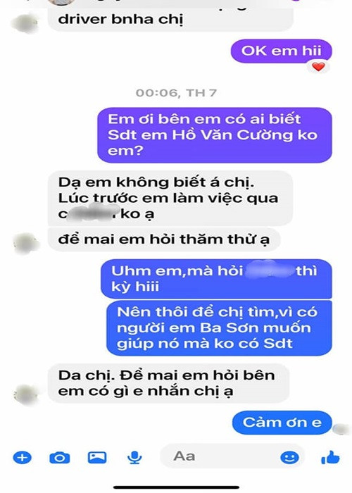 Ngọc Sơn chia sẻ: “Hãy dang tay bảo vệ trẻ em. Mấy hôm nay, người em trai kết nghĩa của Ngọc Sơn (Nguyễn Đức Thụy - bầu Thụy) có nói anh Ba Ngọc Sơn tìm cách liên lạc với Hồ Văn Cường để bầu Thụy và Ngọc Sơn giúp đỡ Hồ Văn Cường, chứ em thấy tội nghiệp Hồ Văn Cường. Ngọc Sơn đã chuyển lời lại với trợ lý tìm cách liên lạc giúp đỡ theo đúng tâm nguyện của 2 anh em”. Đồng thời Ngọc Sơn tung tin nhắn bầu Thụy nhiều lần xin số điện thoại của Hồ Văn Cường nhưng phía danh ca vẫn chưa tìm ra được số điện thoại. Ảnh: FB Ngọc Sơn