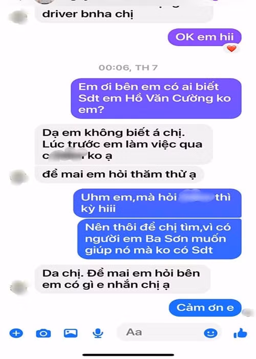 Ngọc Sơn chia sẻ: “Hãy dang tay bảo vệ trẻ em. Mấy hôm nay, người em trai kết nghĩa của Ngọc Sơn (Nguyễn Đức Thụy - bầu Thụy) có nói anh Ba Ngọc Sơn tìm cách liên lạc với Hồ Văn Cường để bầu Thụy và Ngọc Sơn giúp đỡ Hồ Văn Cường, chứ em thấy tội nghiệp Hồ Văn Cường. Ngọc Sơn đã chuyển lời lại với trợ lý tìm cách liên lạc giúp đỡ theo đúng tâm nguyện của 2 anh em”. Đồng thời Ngọc Sơn tung tin nhắn bầu Thụy nhiều lần xin số điện thoại của Hồ Văn Cường nhưng phía danh ca vẫn chưa tìm ra được số điện thoại. Ảnh: FB Ngọc Sơn