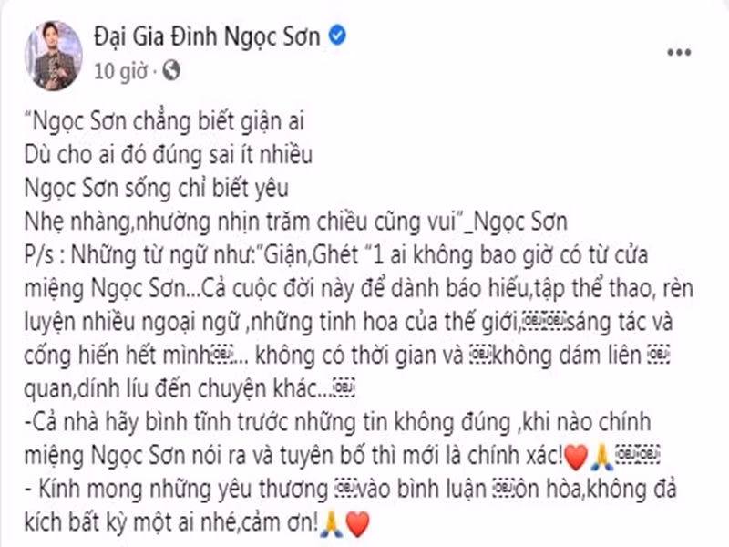 Ngọc Sơn còn khẳng định, anh chưa bao giờ nói giận hay ghét một ai cả. Ảnh: chụp màn hình
