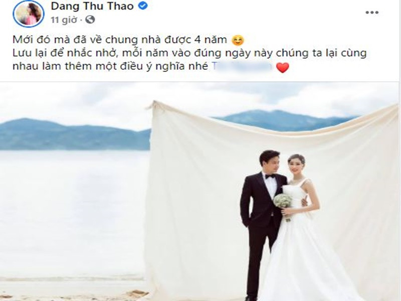 Thu Thảo cũng có lời nhắn nhủ dành cho Trung Tín. Cô viết: “Mới đó mà đã về chung nhà được 4 năm. Lưu lại để nhắc nhở, mỗi năm vào đúng ngày này chúng ta lại cùng nhau làm thêm một điều ý nghĩa nhé”. Đồng thời, Thu Thảo chia sẻ hậu trường chụp ảnh cưới. Ảnh: chụp màn hình