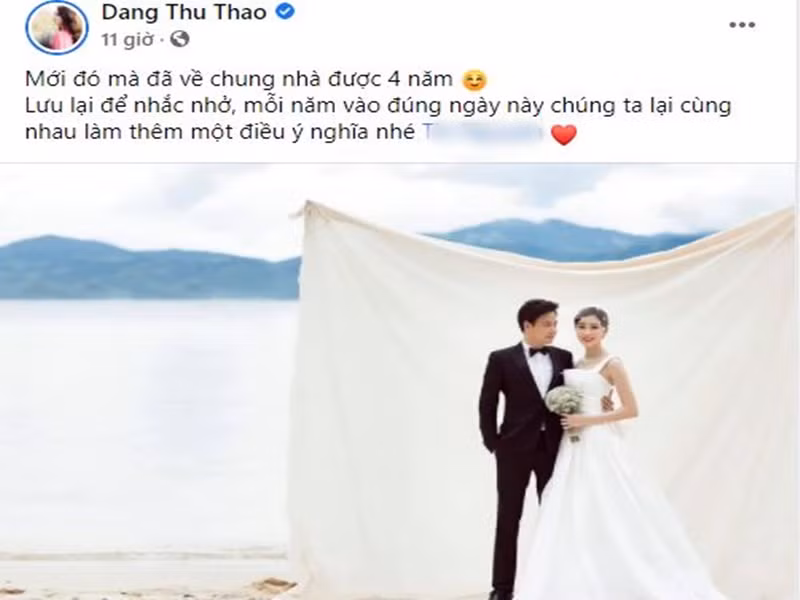 Thu Thảo cũng có lời nhắn nhủ dành cho Trung Tín. Cô viết: “Mới đó mà đã về chung nhà được 4 năm. Lưu lại để nhắc nhở, mỗi năm vào đúng ngày này chúng ta lại cùng nhau làm thêm một điều ý nghĩa nhé”. Đồng thời, Thu Thảo chia sẻ hậu trường chụp ảnh cưới. Ảnh: chụp màn hình