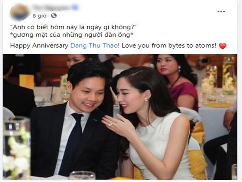 Mới đây, trên trang cá nhân, doanh nhân Trung Tín viết lời chúc mừng 4 năm ngày cưới Hoa hậu Đặng Thu Thảo. Anh bày tỏ: “Happy Anniversary. Love you from bytes to atoms” (Tạm dịch: Mừng ngày kỷ niệm. Yêu em rất nhiều). Ảnh: chụp màn hình
