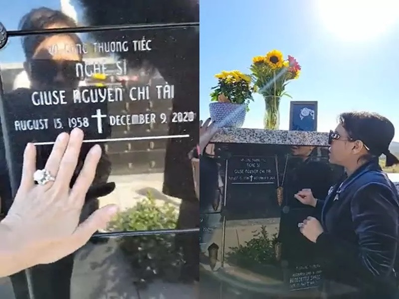 Nữ nghệ sĩ đặt tay lên di ảnh của đàn anh quá cố. Việt Hương cho biết, cô từng đề nghị ca sĩ Phương Loan - bà xã của Chí Tài về Việt Nam sống với cô nhưng nữ ca sĩ còn có gia đình ở Mỹ. Ảnh: Đất Việt