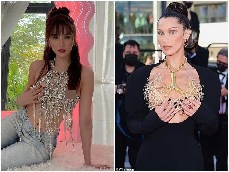 Trên thảm đỏ Cannes 2021 hồi tháng 7, Bella Hadid diện mẫu váy khoét ngực, dùng trang sức hình lá phổi thay cho nội y. Ảnh: Wireimage, FB Ngọc Trinh