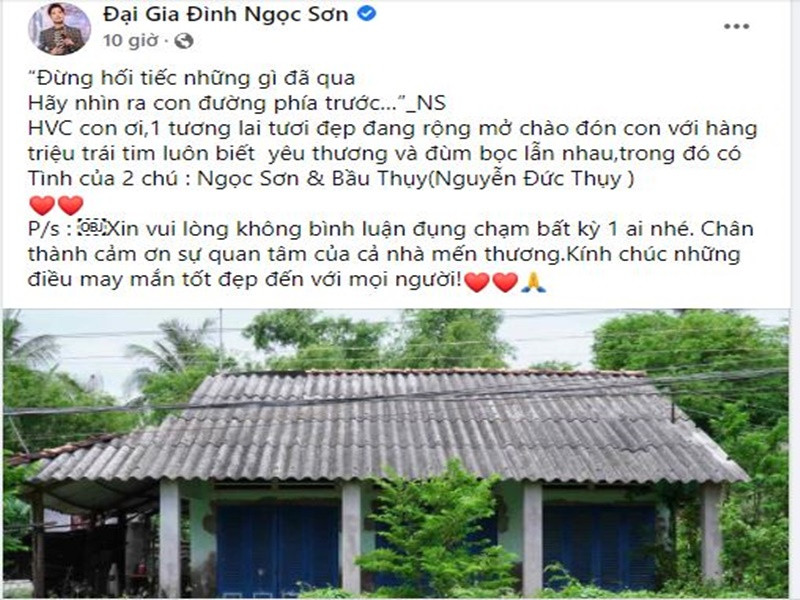 Ngọc Sơn chia sẻ bài viết của Bầu Thụy đồng thời viết: "Đừng hối tiếc những gì đã qua. Hãy nhìn ra con đường phía trước… Hồ Văn Cường con ơi, một tương lai tươi đẹp đang rộng mở chào đón con với hàng triệu trái tim luôn biết yêu thương và đùm bọc lẫn nhau, trong đó có tình của 2 chú: Phạm Ngọc Sơn và Nguyễn Đức Thụy". Ảnh chụp màn hình