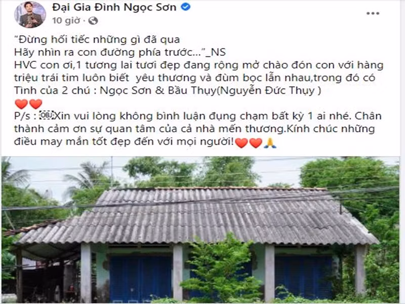 Ngọc Sơn chia sẻ bài viết của Bầu Thụy đồng thời viết: "Đừng hối tiếc những gì đã qua. Hãy nhìn ra con đường phía trước… Hồ Văn Cường con ơi, một tương lai tươi đẹp đang rộng mở chào đón con với hàng triệu trái tim luôn biết yêu thương và đùm bọc lẫn nhau, trong đó có tình của 2 chú: Phạm Ngọc Sơn và Nguyễn Đức Thụy". Ảnh chụp màn hình