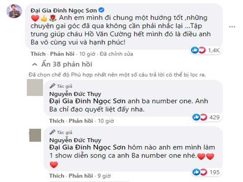 Dưới bài đăng của Bầu Thụy, danh ca Ngọc Sơn ủng hộ việc xây nhà mới cho Hồ Văn Cường. Ảnh chụp màn hình