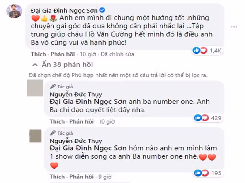 Dưới bài đăng của Bầu Thụy, danh ca Ngọc Sơn ủng hộ việc xây nhà mới cho Hồ Văn Cường. Ảnh chụp màn hình