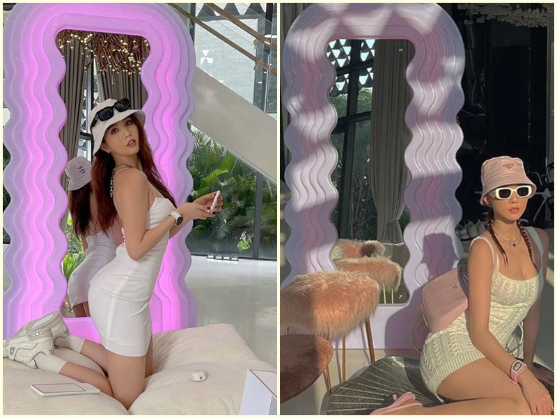 Nghi vấn Ngọc Trinh sử dụng gương nhái rộ lên từ lâu. Mới đây, đại diện thương hiệu xác nhận không nhận được đơn đặt hàng của chân dài gốc Trà Vinh về chiếc gương Ultrafragola. Hiện tại, Ngọc Trinh chưa phản hồi về ồn ào xài hàng fake. Ảnh: Instagram Ngọc Trinh