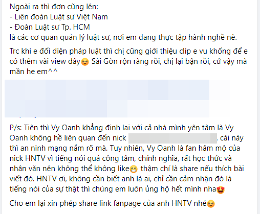 Ngoài dằn mặt Quỳnh Như và réo tên Nhâm Hoàng Khang, Vy Oanh còn phủ nhận liên quan đến một tài khoản tên H.N.T.V. Ảnh: chụp màn hình