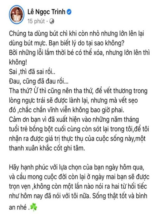 Cuối tháng 8, Ngọc Trinh cho biết, cô đã tha thứ cho bạn trai cũ Liễu Quang Vinh.