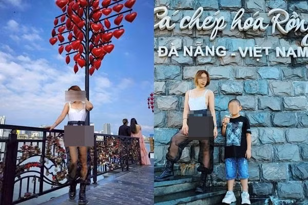 Địa điểm chị L.B.C và con ghé thăm chính là cầu Rồng (Đà Nẵng). Sự xuất hiện của mẹ con chị C. khiến mọi người không ngừng chú ý bởi chính trang phục phản cảm của chị.