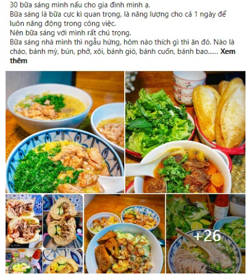 Ngoài các bữa ăn hàng ngày, bài đăng về các món ăn sáng gia đình của chị cũng từng gây sốt trên hội nấu ăn bởi vô cùng đẹp mắt, nhìn đã thấy ngon miệng.