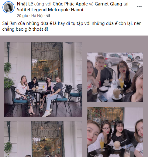 Hơn thế nữa, mới đây thôi Nhật Lê còn có chia sẻ úp mở về chuyện đang độc thân trong khoảnh khắc tụ tập cùng nhóm bạn. Cô nàng chia sẻ: "Sai lầm của những đứa ế là hay đi tụ tập với những đứa ế còn lại, nên chẳng bao giờ thoát ế".