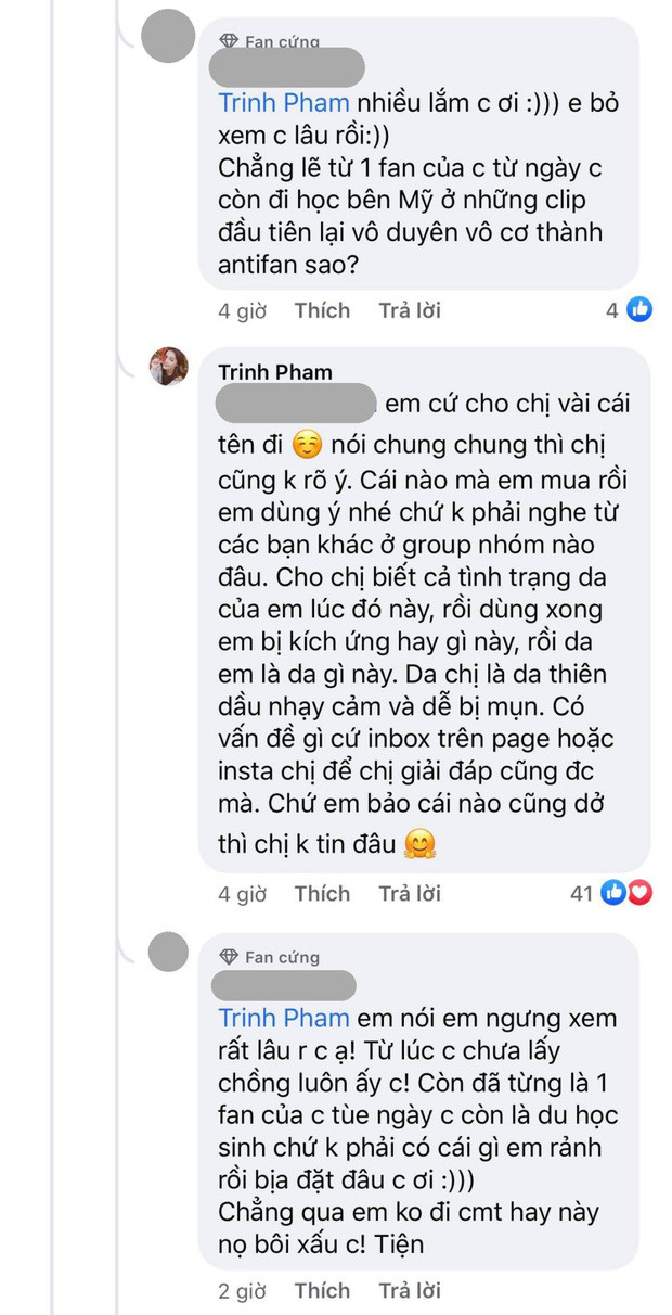 Beauty blogger khá mềm mỏng, cảm ơn antifan này ngay từ câu đầu tiên và tìm hiểu xem mình chưa đúng chỗ nào: "Cho mình hỏi có sản phẩm nào mình review mà bạn dùng không ra gì vậy ạ? Để mình xem lại. Chứ mình cũng dùng rồi mình mới review. Hay tại da bạn khác da mình nên bạn dùng không hợp ạ?".