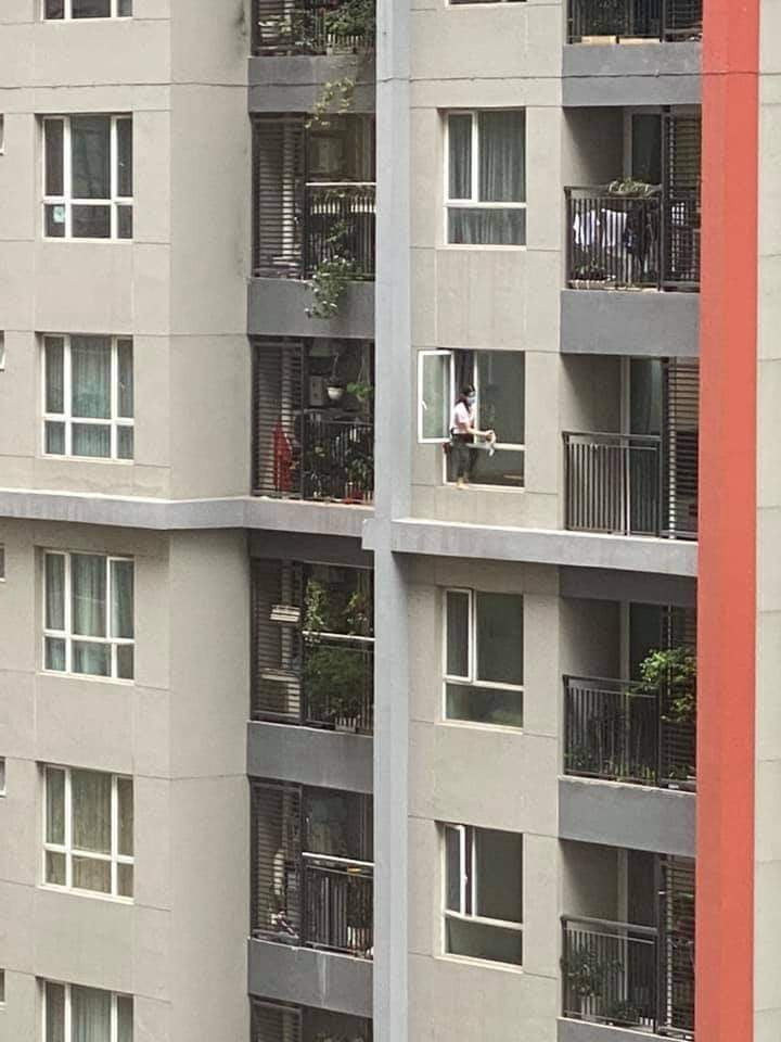 Không chỉ lau sạch mặt trong, người giúp việc còn trèo cả ra ngoài bệ cửa để lau mặt ngoài cửa kính. Trong khi đó, trên người không hề có 1 vật cụ bảo hộ lao động nào.