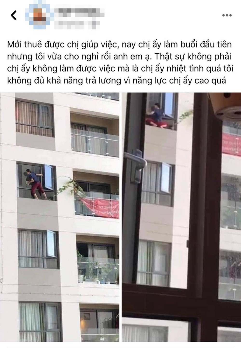Mới đây, trên mạng xã hội lan truyền hình ảnh một nữ giúp việc đang trèo ra bên ngoài cửa sổ của một căn hộ cao tầng để lau chùi sạch sẽ mặt bên ngoài của cửa kính. Hành động nguy hiểm này nhanh chóng gây chú ý, khiến ai nhìn vào cũng phải thót tim.
