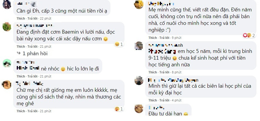 "Nghĩ nhiều bạn còn không lo học, thi rớt thì xin tiền học lại thấy xót xa ghê", "Nhiều khi cha mẹ hay giận dữ và la rầy con nhưng đó chỉ là do cha mẹ mong muốn chúng ta nên người",...nhiều bạn trẻ để lại dòng bình luận giàu cảm xúc dưới bài đăng.
