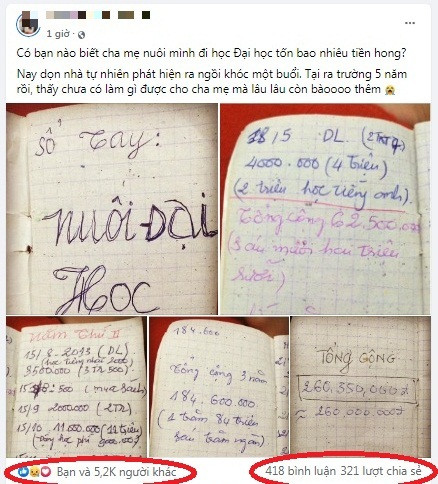 Một cư dân mạng đã đăng lên nhóm đông thành viên những bức ảnh chụp lại 1 cuốn sổ ghi chép các khoản chi của bố mẹ dành cho việc học đại học của con trong 4 năm gây chú ý.