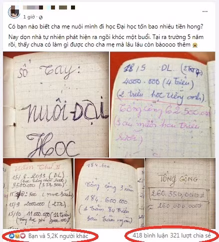 Một cư dân mạng đã đăng lên nhóm đông thành viên những bức ảnh chụp lại 1 cuốn sổ ghi chép các khoản chi của bố mẹ dành cho việc học đại học của con trong 4 năm gây chú ý.
