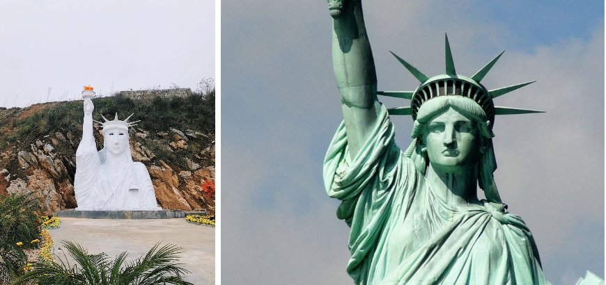 So sánh bức tượng Nữ thần Tự do phiên bản thật và phiên bản "lỗi" có thể thấy hai phiên bản hoàn toàn khác nhau. Thế nhưng netizen Việt lại đặc biệt chú ý hơn đến phiên bản "fake" bởi biểu cảm vô cùng hài hước.