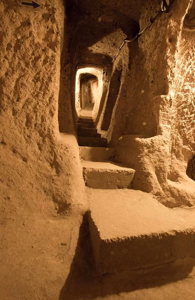 Derinkuyu, Cappadocia, Thổ Nhĩ Kỳ: Cappadocia nổi tiếng với nhiều thành phố ngầm dưới lòng đất, sâu nhất là Derinkuyu với 18 tầng, sâu 85 m, có sức chứa 20.000 người. Ở đây có khu vực riêng để ở, khu hầm chứa, nhà thờ, khu sinh hoạt công cộng… Thành phố mở cửa cho công chúng năm 1965, nhưng chỉ để du khách tham quan một phần nhỏ.