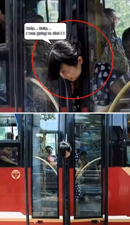 Người phụ nữ bị kẹt trong cửa lên xuống xe buýt mà không thấy ai tới giúp.
