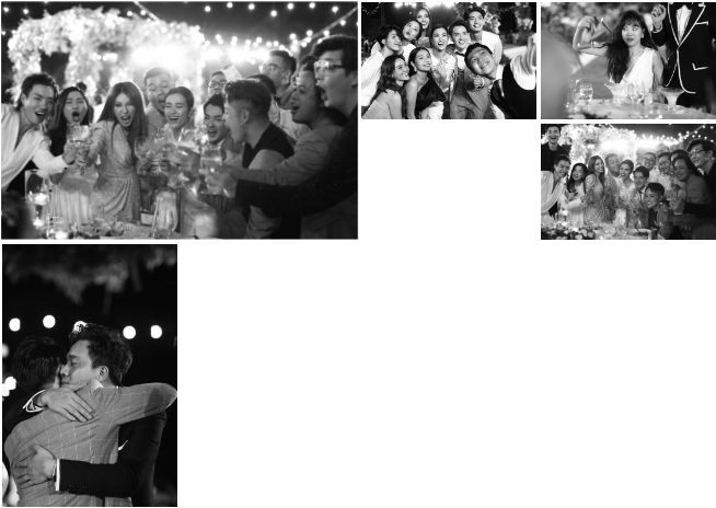 Toàn bộ ảnh được Đông Nhi chia sẻ là loạt ảnh trắng đen như thước phim quay chậm những khoảnh khắc đáng nhớ trong tiệc cưới. Biểu cảm của cô dâu, chú rể và các khách mời trên nền ảnh đen trắng thêm phần đáng nhớ và trân trọng. Ngoài những khoảnh khắc hài hước, cũng không thiếu những phút giây vô cùng xúc động khi cả chủ và khách đều rơi nước mắt. 