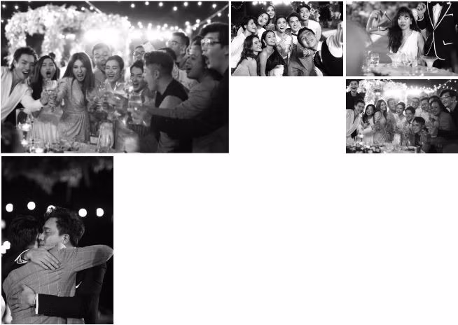 Toàn bộ ảnh được Đông Nhi chia sẻ là loạt ảnh trắng đen như thước phim quay chậm những khoảnh khắc đáng nhớ trong tiệc cưới. Biểu cảm của cô dâu, chú rể và các khách mời trên nền ảnh đen trắng thêm phần đáng nhớ và trân trọng. Ngoài những khoảnh khắc hài hước, cũng không thiếu những phút giây vô cùng xúc động khi cả chủ và khách đều rơi nước mắt. 