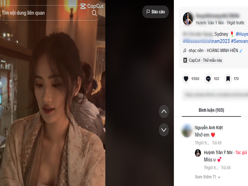 Trên TikTok, khi Hoa hậu Ý Nhi cập nhật hình ảnh mới, Anh Kiệt để lại bình luận: "Nhớ em". Phía nàng hậu bày tỏ: "Miss you" (tạm dịch: Nhớ anh". Ảnh: TikTok Ý Nhi.