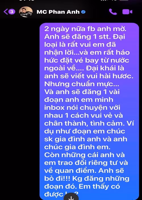 Duy Mạnh hứa hẹn sẽ thông báo Phan Anh tham gia đêm nhạc trên trang cá nhân. Ảnh: FB Duy Mạnh.