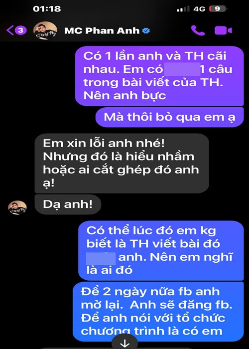 Trong cuộc trò chuyện với Phan Anh, Duy Mạnh nhắc đến hiểu lầm giữa hai người. Cụ thể, Duy Mạnh cho rằng anh bị Phan Anh đá xéo trong một bài đăng của Tuấn Hưng. Phía Phan Anh khẳng định anh không có bất kỳ bình luận nào về Duy Mạnh. "Đó là hiểu lầm hoặc ai đó cắt ghép", nam MC phân trần với đàn anh. Ảnh: FB Duy Mạnh.