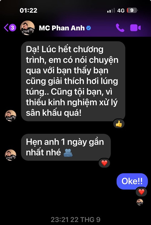 Phan Anh cho biết, anh cảm thấy tội cho Tố Quyên bởi cô thiếu kinh nghiệm xử lý sân khấu. Ảnh: FB Duy Mạnh.