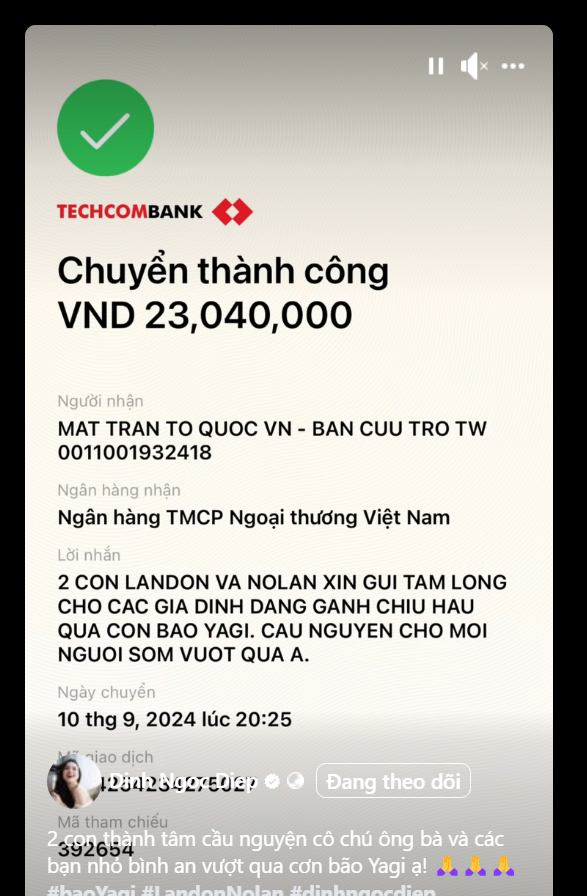 Số tiền ủng hộ của các con nhà Đinh Ngọc Diệp là hơn 23 triệu đồng. Ảnh: FB Đinh Ngọc Diệp.