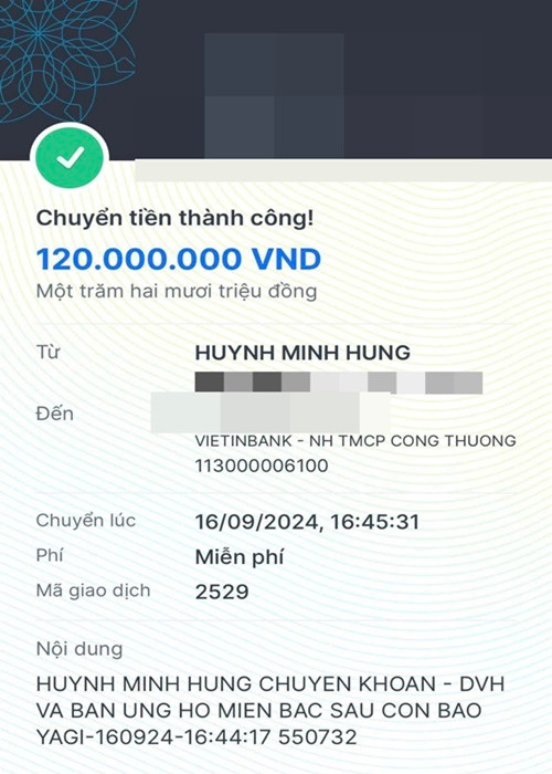Nam ca sĩ và bạn bè chuyển khoản 120 triệu giúp đỡ người dân vùng lũ. Ảnh: FB Đàm Vĩnh Hưng.