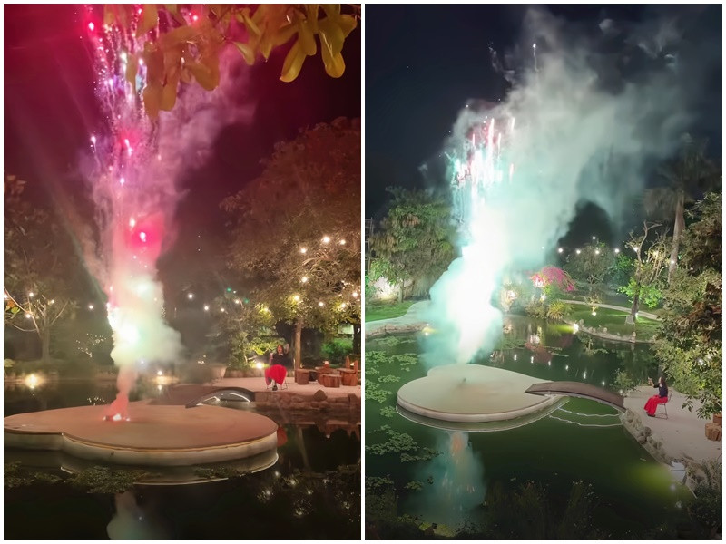 Pháo hoa được bắn giữa hồ trong nhà vườn của Mỹ Tâm. Ảnh: Người Đưa Tin.