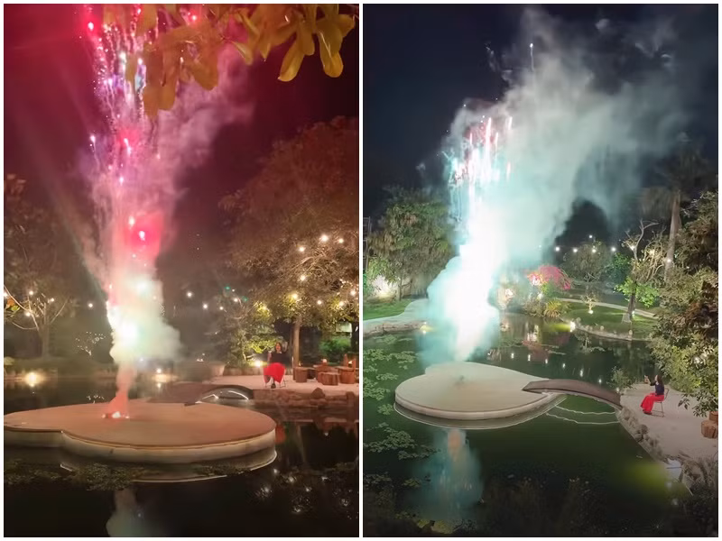 Pháo hoa được bắn giữa hồ trong nhà vườn của Mỹ Tâm. Ảnh: Người Đưa Tin.