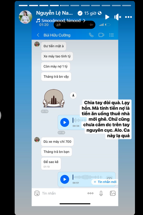 Nam Em còn cho biết, cô bị bạn trai cũ đòi nợ 1 tỷ đồng. "Chia tay đòi quà. Mà tính tiền nợ là tiền ăn uống thuê nhà mới ghê. Chứ cũng chưa cầm được trên tay nguyên cục. Ca này lạ quá", Nam Em bày tỏ. Ảnh: FB Nam Em.