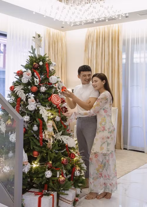 Vợ chồng Thúy Diễm trang trí cây thông dịp Giáng sinh.