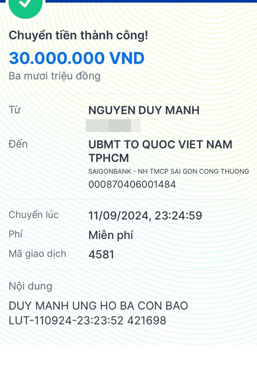Trước đó, Duy Mạnh ủng hộ 30 triệu đồng cho bà con vùng lũ. Ảnh: FB Duy Mạnh.