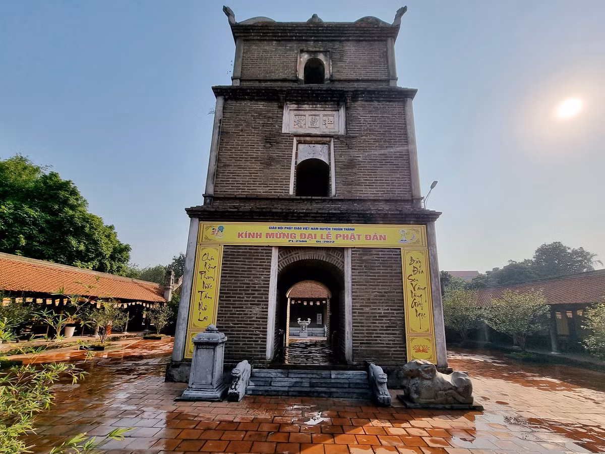 Nổi bật nhất trong các công trình của chùa là tòa tháp Hòa Phong được xây bằng gạch nung già, với 3 tầng, cao 15 m. Theo thư tịch cổ, vào thời Trần, Trạng nguyên Mạc Đĩnh Chi cho trùng tu chùa Dâu, xây tháp cao 9 tầng. Nhưng kiến trúc của tòa tháp hiện còn là của thời Lê Trung Hưng.