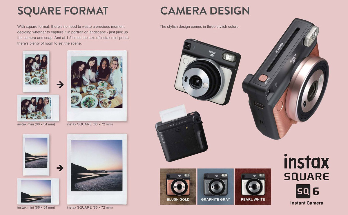4. Fujifilm Instax SQ6: Đây là chiếc máy ảnh lấy ngay đầu tiên chọn cho mình sự khác biệt đó là ảnh in ra sẽ có hình vuông. Vì sản phẩm được thiết cho những chuyến đi, trải nghiệm của những bạn yêu thích du lịch nên kích thước của máy cũng rất gọn và đẹp.