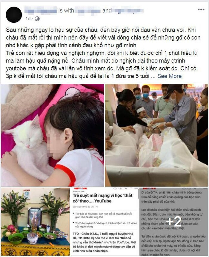 Trước đó, thông tin một bé gái 5 tuổi tại thành phố Hồ Chí Minh mất mạng vì làm theo video hướng dẫn treo cổ trên youtube khiến các bậc phụ huynh bàng hoàng.