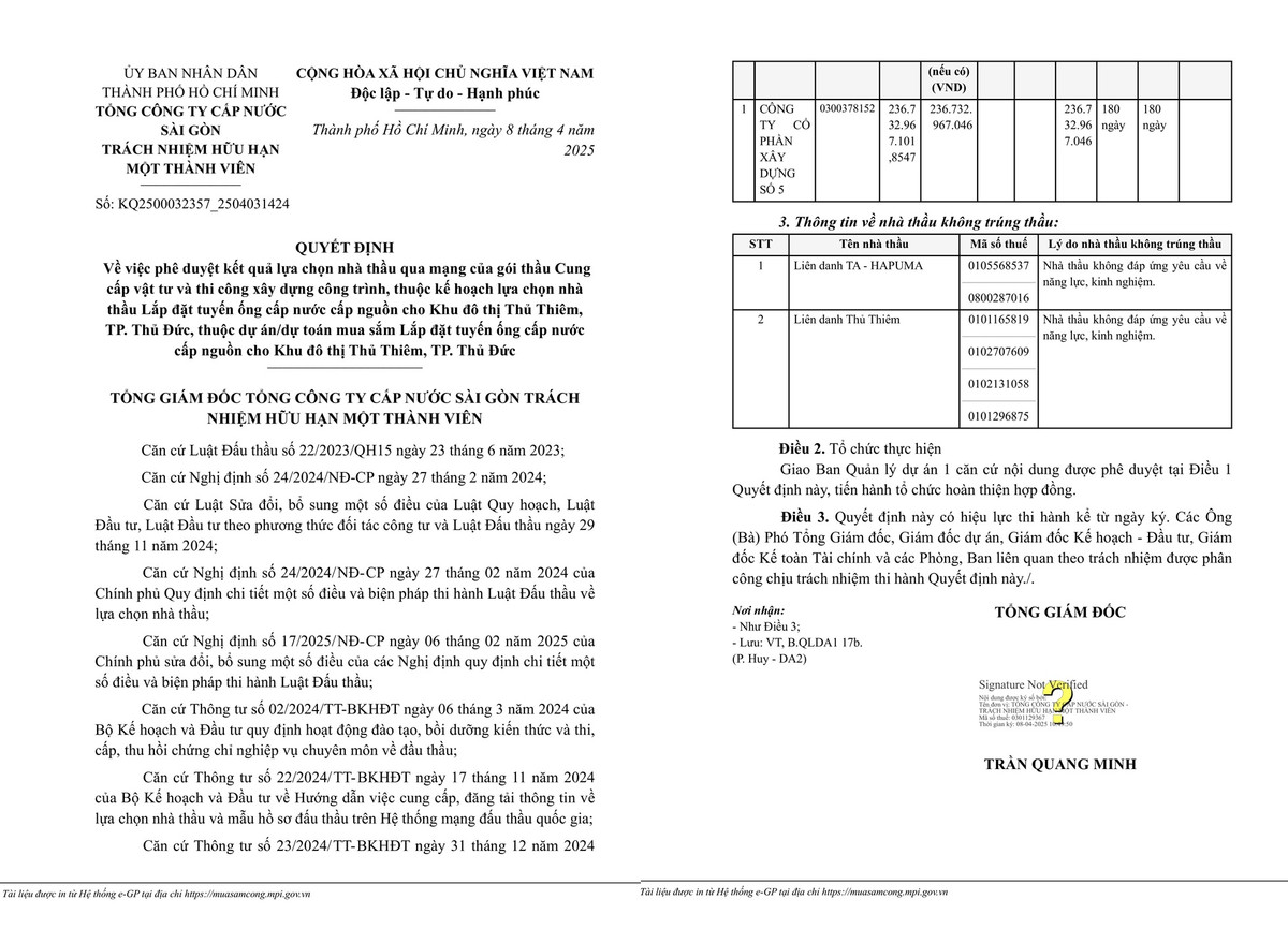 Cty Xay dung so 5 trung nhieu goi thau lon tai Cap nuoc Sai Gon