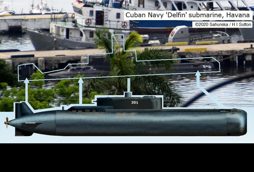 Mới đây, khi mà một du khách trong lúc tham quan khung cảnh nên thơ của cảng Havana đã vô tình chụp lại được bức ảnh cực kỳ giá trị về con tàu ngầm được cho là ít xuất hiện trên hình ảnh nhất này của Cuba đang neo đậu tại cầu cảng, ẩn khuất sau những cây cọ. Đây cũng chính là hình ảnh rõ ràng nhất về con tàu tính cho tới nay. Ảnh: Hình ảnh tàu ngầm Delfin của Cuba do du khách vô tình chụp được.