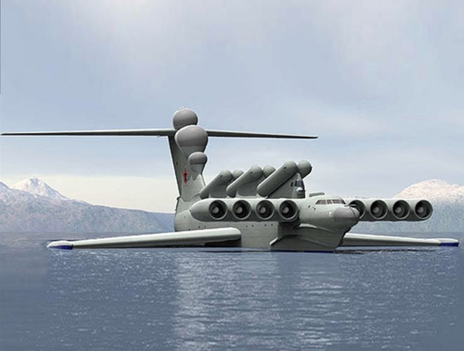 Trên mặt nước, một vũ khí gây kinh ngạc thế giới là chiếc thủy phi cơ Ekranoplan hay còn được mệnh danh là “Quái vật biển Caspi”; đây là một loại phương tiện kết hợp độc đáo giữa tàu chiến và máy bay. Với chiều dài 74 mét; cao 19 mét, sải cánh 44 mét và tốc độ 297 hải lý/giờ (550 km/giờ); nó lớn hơn cả những máy bay chở khách lớn nhất. Ảnh: “Quái vật biển Caspi” - Nguồn: Wikipedia.